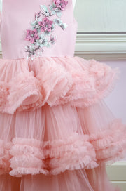 Midi blush pink princess tulle dress for girls with a multi-layered tulle skirt with ruffles and a top embroidered with flowers and pearls, flower girl dress, wedding dress