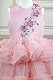 Midi blush pink princess tulle dress for girls with a multi-layered tulle skirt with ruffles and a top embroidered with flowers and pearls, flower girl dress, wedding dress