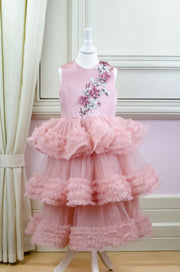 Midi blush pink princess tulle dress for girls with a multi-layered tulle skirt with ruffles and a top embroidered with flowers and pearls, flower girl dress, wedding dress