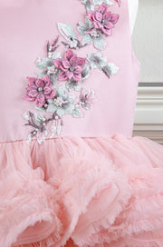 Midi blush pink princess tulle dress for girls with a multi-layered tulle skirt with ruffles and a top embroidered with flowers and pearls, flower girl dress, wedding dress