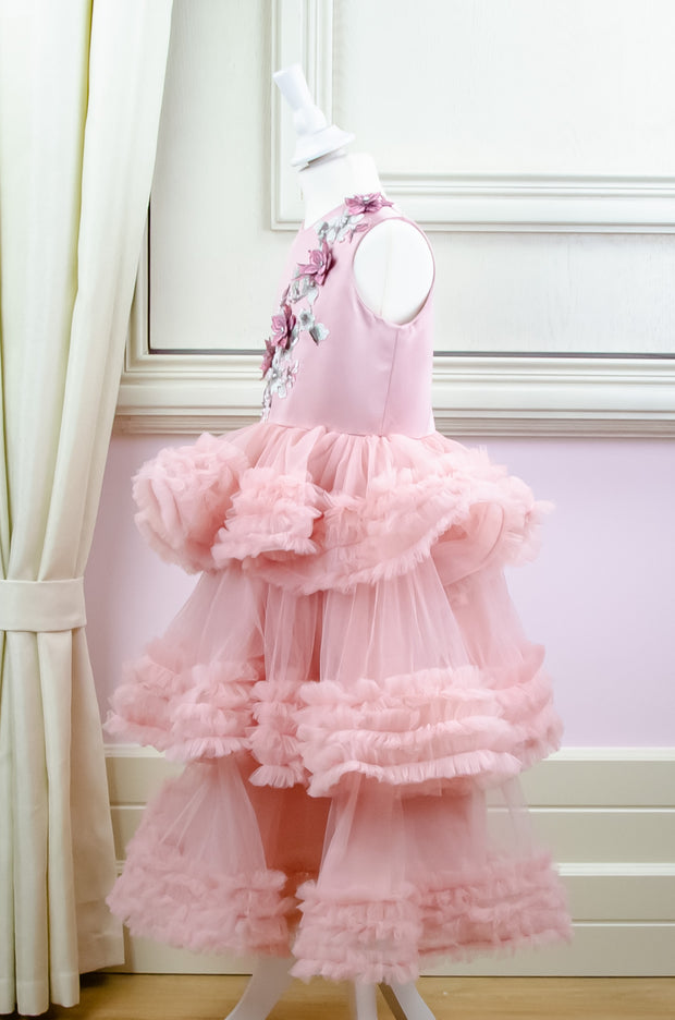 Rosa festliches Blumenmädchenkleid mit mehrschichtigem Tüllrock - Mädchenkleid für besondere Anlässe