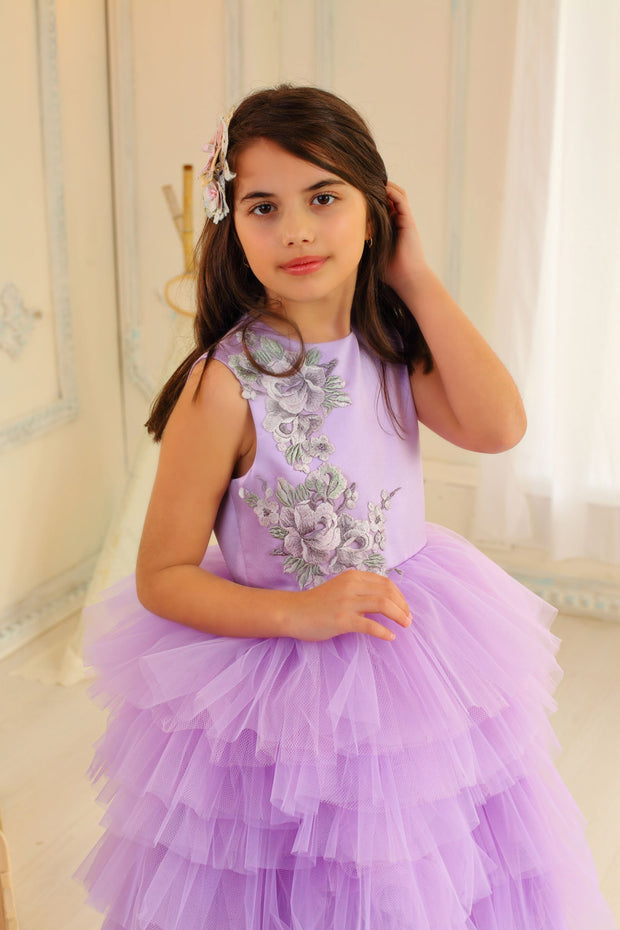 purple tulle girl dress with floral embellishment
