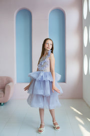 handmade, girl princess dress in purple with a midi-length tulle skirt, transparent top with pearl and flower embroidery and ruffled tulle details, for special occasions.