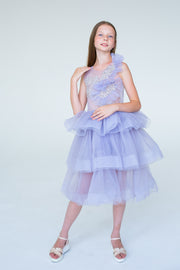 handmade, girl princess dress in purple with a midi-length tulle skirt, transparent top with pearl and flower embroidery and ruffled tulle details, for special occasions.