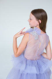 handmade, girl princess dress in purple with a midi-length tulle skirt, transparent top with pearl and flower embroidery and ruffled tulle details, for special occasions.