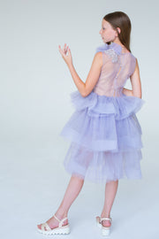 handmade, girl princess dress in purple with a midi-length tulle skirt, transparent top with pearl and flower embroidery and ruffled tulle details, for special occasions.