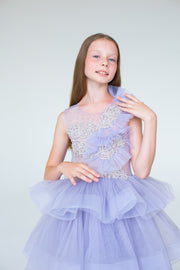 handmade, girl princess dress in purple with a midi-length tulle skirt, transparent top with pearl and flower embroidery and ruffled tulle details, for special occasions.