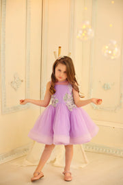 handmade, short, bright purple baby girl party dress, with floral embroidery