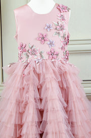 handmade pink ankle-length tulle princess dress with a multi-layered tulle skirt with ruffles and top embroidered with flowers and pearls, for flower girls, birthdays, wedding guests