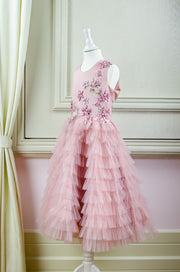 handmade pink ankle-length tulle princess dress with a multi-layered tulle skirt with ruffles and top embroidered with flowers and pearls, for flower girls, birthdays, wedding guests