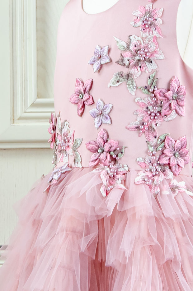 handmade pink ankle-length tulle princess dress with a multi-layered tulle skirt with ruffles and top embroidered with flowers and pearls, for flower girls, birthdays, wedding guests