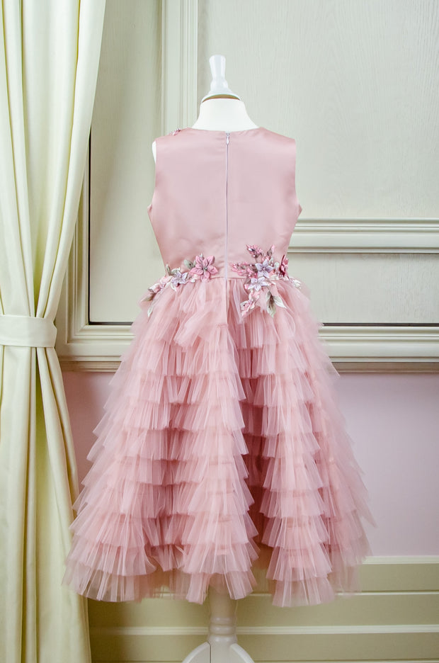 handmade pink ankle-length tulle princess dress with a multi-layered tulle skirt with ruffles and top embroidered with flowers and pearls, for flower girls, birthdays, wedding guests