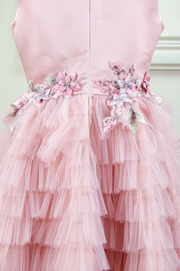 handmade pink ankle-length tulle princess dress with a multi-layered tulle skirt with ruffles and top embroidered with flowers and pearls, for flower girls, birthdays, wedding guests