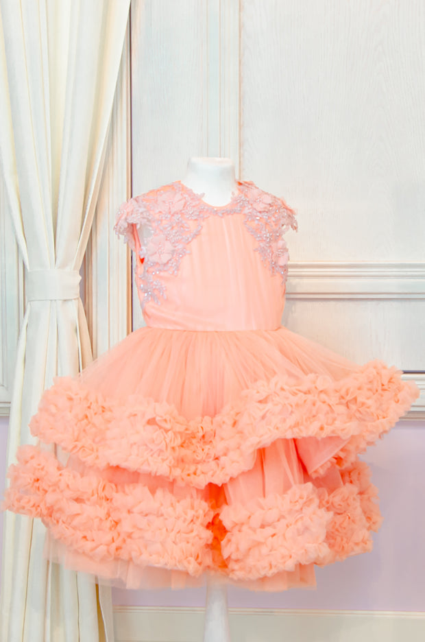 Knee-length multi-layered tulle princess girl dress in a bright salmon colour perfect your spring and summer special occasions: flower girls, weddings, birthday.