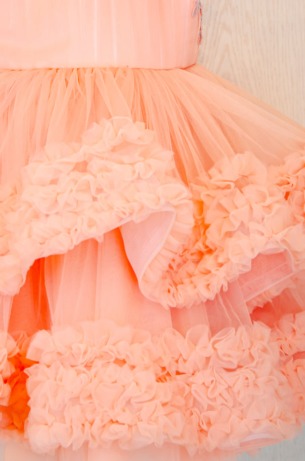Knee-length multi-layered tulle princess girl dress in a bright salmon colour perfect your spring and summer special occasions: flower girls, weddings, birthday.