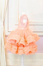 Knee-length multi-layered tulle princess girl dress in a bright salmon colour perfect your spring and summer special occasions: flower girls, weddings, birthday.