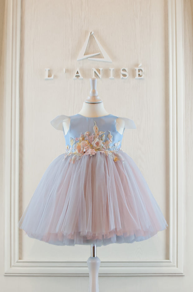 handmade, light blue baby girl flower girl dress with multi-colour tulle skirt and floral embroidery