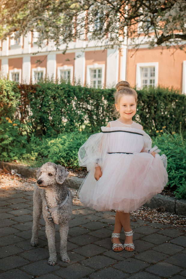 Short baby girl dress in light pink with long tulle sleeves and contrasting black ribbon details for special occasions: Wedding, Birthday party, Prom, Flower girl, Eid, and other events.