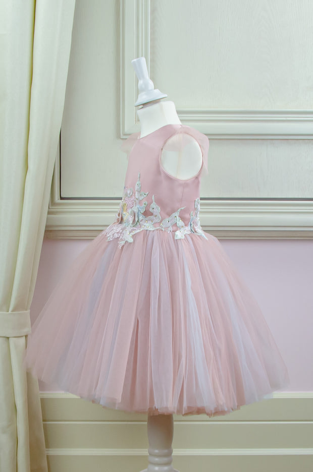 pastel pink little girl dress with multi-layer tulle skirt and floral embellishment for birthday parties and special occasions