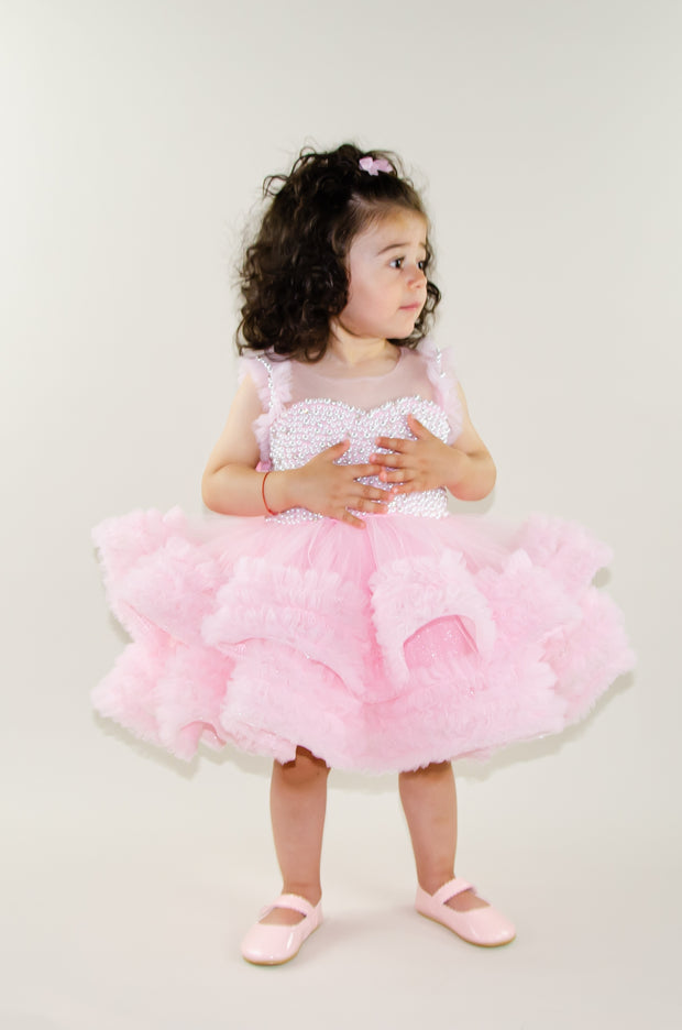 Handmade, bubble gum pink girl tutu dress with a ruffle tulle skirt, satin top embroidered with pearls, for flower girls dresses, girl birthday party, weddings, Eid, New Year's Eve.