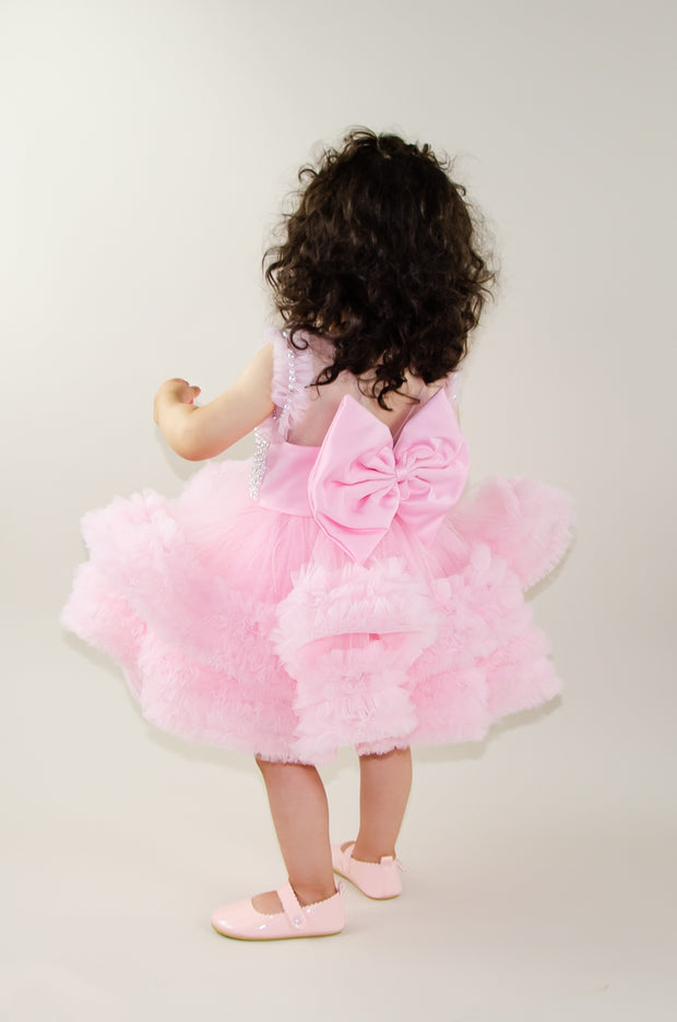 Dress for rent - Pink baby girl princess dress with pearls and ruffles