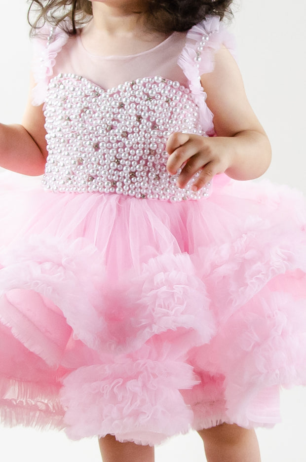 Handmade, bubble gum pink girl tutu dress with a ruffle tulle skirt, satin top embroidered with pearls, for flower girls dresses, girl birthday party, weddings, Eid, New Year's Eve.
