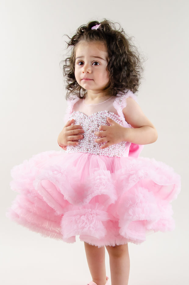 Dress for rent - Pink baby girl princess dress with pearls and ruffles