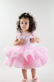 Handmade, bubble gum pink girl tutu dress with a ruffle tulle skirt, satin top embroidered with pearls, for flower girls dresses, girl birthday party, weddings, Eid, New Year's Eve.