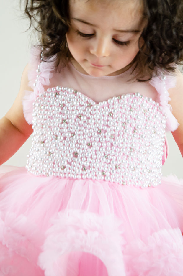 Handmade, bubble gum pink girl tutu dress with a ruffle tulle skirt, satin top embroidered with pearls, for flower girls dresses, girl birthday party, weddings, Eid, New Year's Eve.