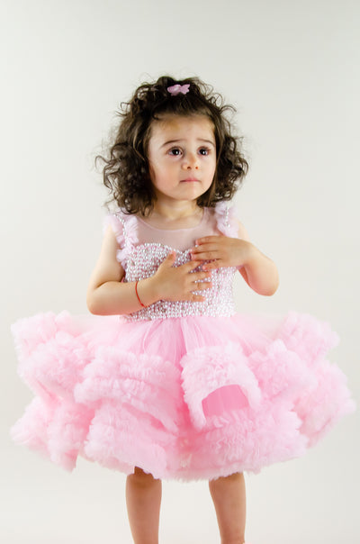 Dress for rent - Pink baby girl princess dress with pearls and ruffles