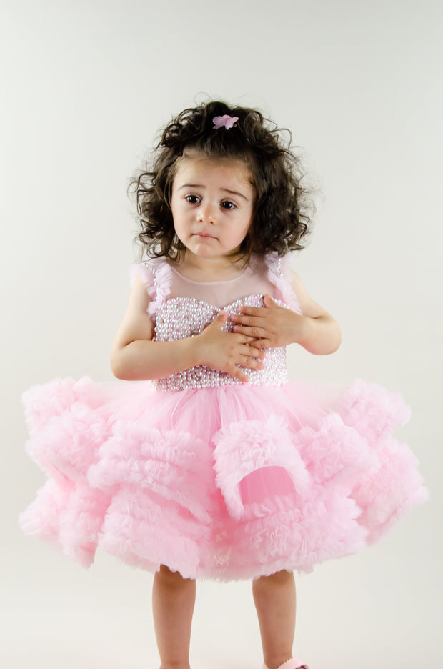 Handmade, bubble gum pink girl tutu dress with a ruffle tulle skirt, satin top embroidered with pearls, for flower girls dresses, girl birthday party, weddings, Eid, New Year's Eve.