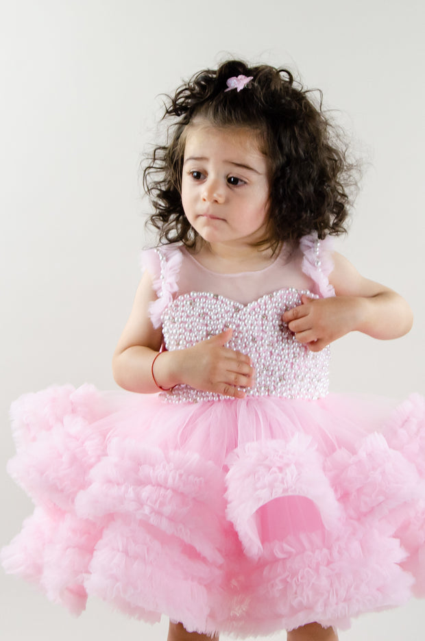 Handmade, bubble gum pink girl tutu dress with a ruffle tulle skirt, satin top embroidered with pearls, for flower girls dresses, girl birthday party, weddings, Eid, New Year's Eve.