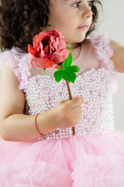 Handmade, bubble gum pink girl tutu dress with a ruffle tulle skirt, satin top embroidered with pearls, for flower girls dresses, girl birthday party, weddings, Eid, New Year's Eve.