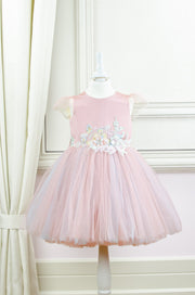 pastel pink little girl dress with multi-layer tulle skirt and floral embellishment for birthday parties and special occasions