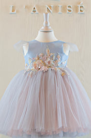 handmade, light blue baby girl flower girl dress with multi-colour tulle skirt and floral embroidery