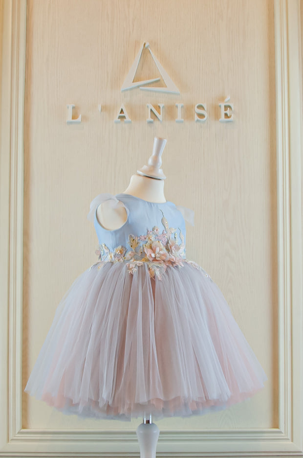 handmade, light blue baby girl flower girl dress with multi-colour tulle skirt and floral embroidery