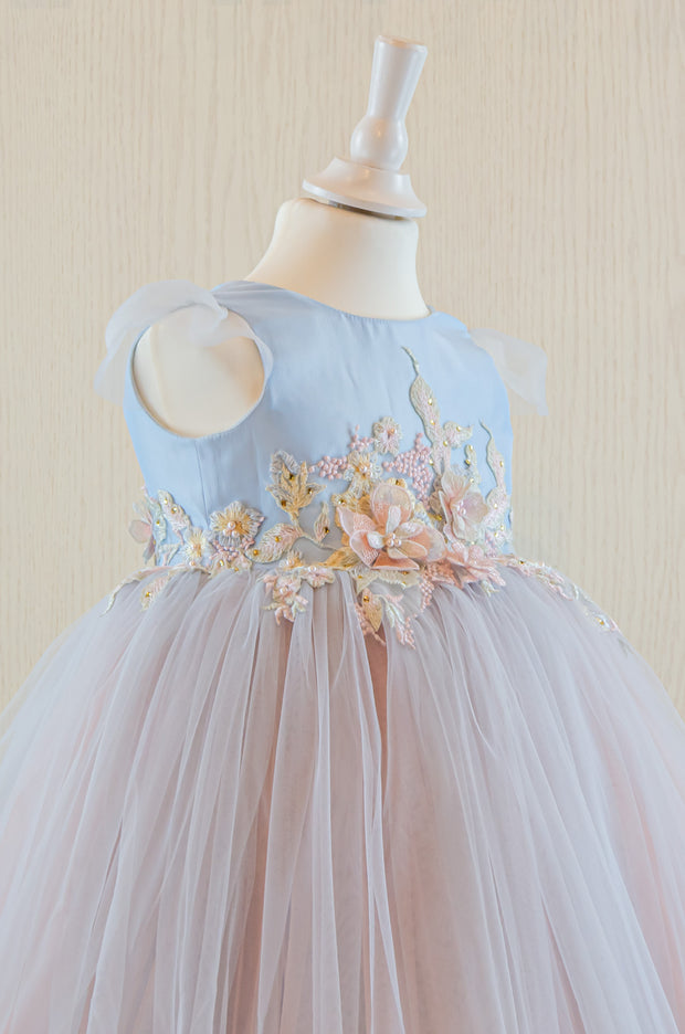 handmade, light blue baby girl flower girl dress with multi-colour tulle skirt and floral embroidery