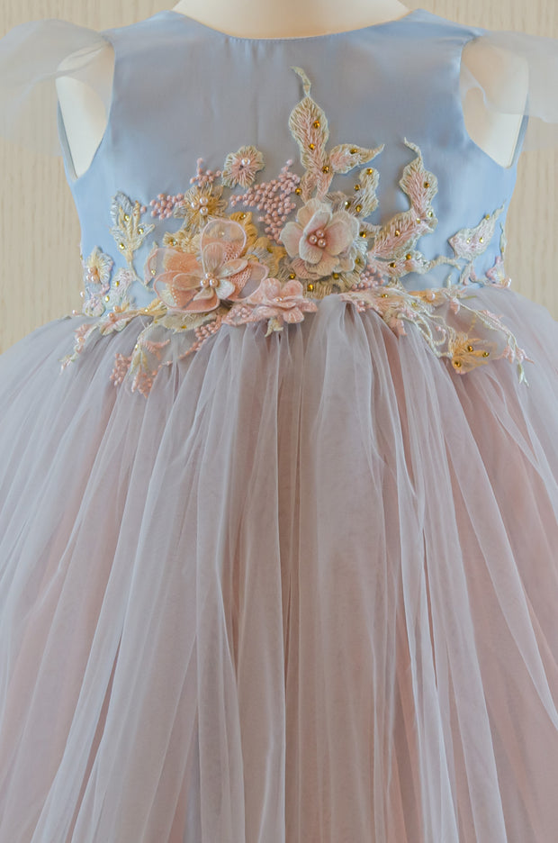 handmade, light blue baby girl flower girl dress with multi-colour tulle skirt and floral embroidery