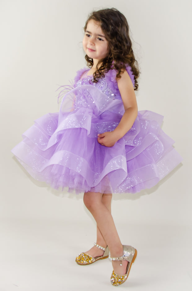 handmade, purple baby girl tutu dress with a voluminous tulle skirt, satin top embroidered with crystals and pearls and ruffle tulle details, flower girl dress, weddings, girl birthday party, Eid, Christmas or New Year's eve girl dress.