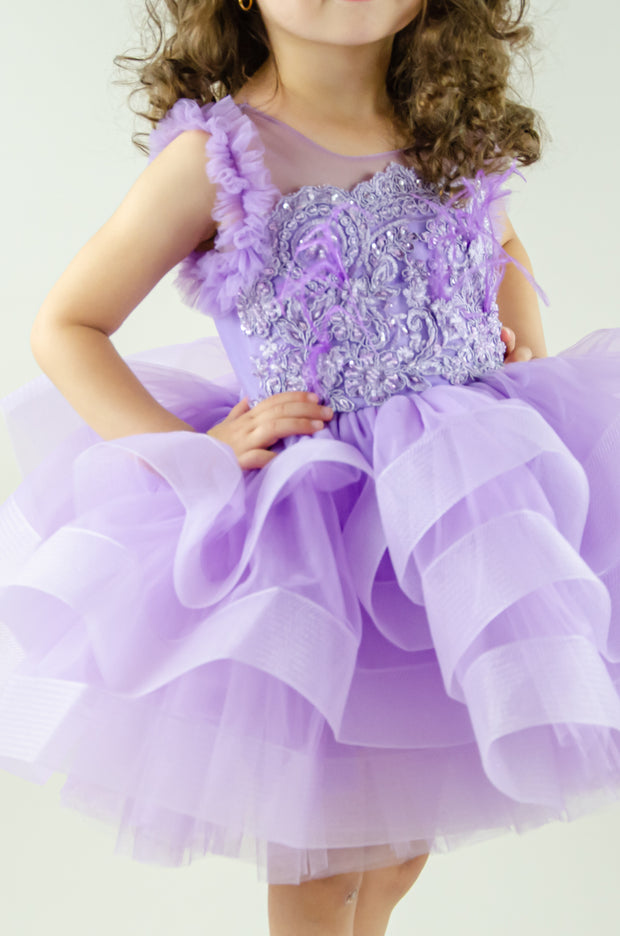 handmade, purple baby girl tutu dress with a voluminous tulle skirt, satin top embroidered with crystals and pearls and ruffle tulle details, flower girl dress, weddings, girl birthday party, Eid, Christmas or New Year's eve girl dress.