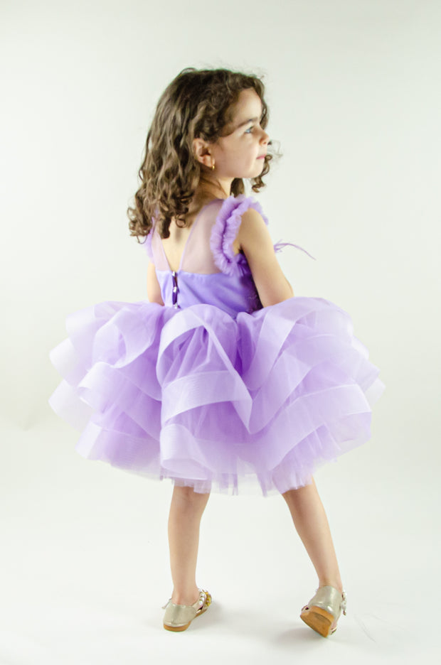 handmade, purple baby girl tutu dress with a voluminous tulle skirt, satin top embroidered with crystals and pearls and ruffle tulle details, flower girl dress, weddings, girl birthday party, Eid, Christmas or New Year's eve girl dress.