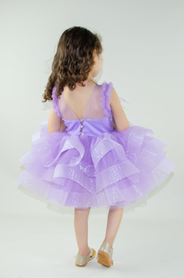 handmade, purple baby girl tutu dress with a voluminous tulle skirt, satin top embroidered with crystals and pearls and ruffle tulle details, flower girl dress, weddings, girl birthday party, Eid, Christmas or New Year's eve girl dress.