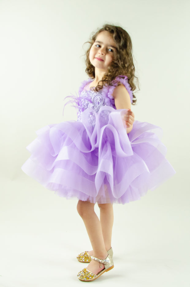 handmade, purple baby girl tutu dress with a voluminous tulle skirt, satin top embroidered with crystals and pearls and ruffle tulle details, flower girl dress, weddings, girl birthday party, Eid, Christmas or New Year's eve girl dress.