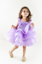 handmade, purple baby girl tutu dress with a voluminous tulle skirt, satin top embroidered with crystals and pearls and ruffle tulle details, flower girl dress, weddings, girl birthday party, Eid, Christmas or New Year's eve girl dress.