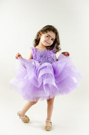 handmade, purple baby girl tutu dress with a voluminous tulle skirt, satin top embroidered with crystals and pearls and ruffle tulle details, flower girl dress, weddings, girl birthday party, Eid, Christmas or New Year's eve girl dress.