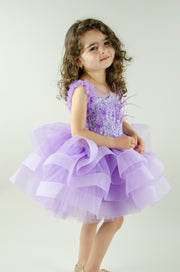 Purple baby girl dress with crystal and feather embellishments