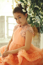 Knee-length multi-layered tulle princess girl dress in a bright salmon colour perfect your spring and summer special occasions: flower girls, weddings, birthday.