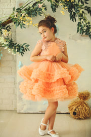 Knee-length multi-layered tulle princess girl dress in a bright salmon colour perfect your spring and summer special occasions: flower girls, weddings, birthday.