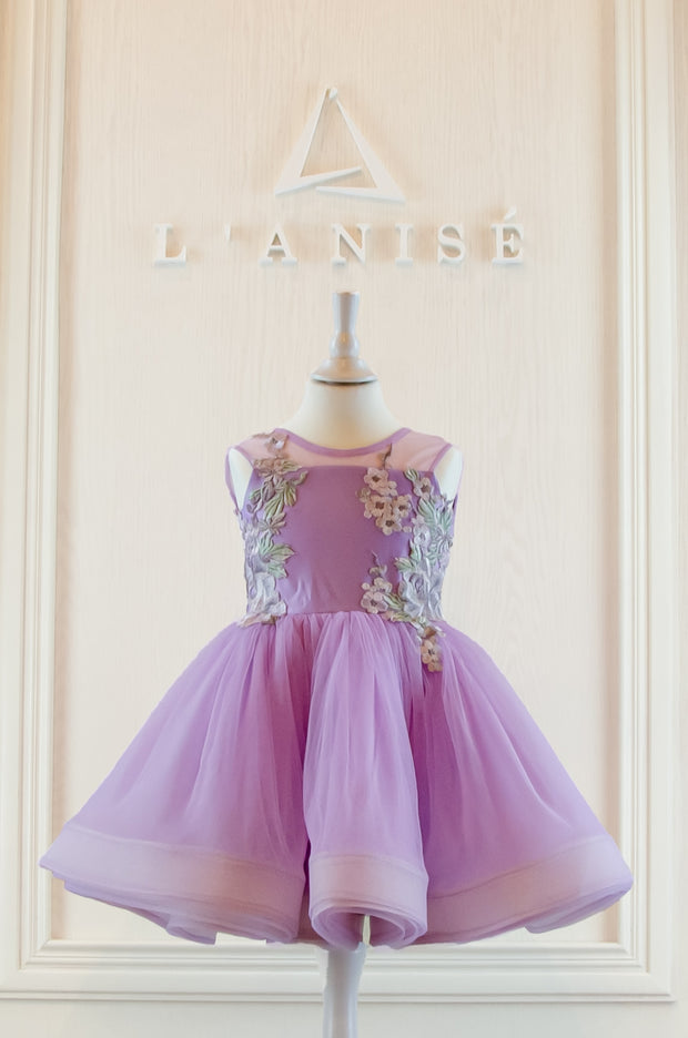 handmade, short, bright purple baby girl party dress, with floral embroidery