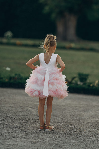 Girl tutu dress with white and pink ruffle tulle skirt